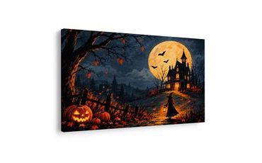 QUADRO SU TELA – CASA STREGATA SOTTO LA LUNA PIENA - QUADRI HALLOWEEN E HORROR - STAMPE E QUADRI
