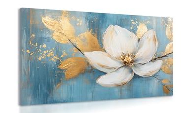 OBRAZ BÍLÝ KVĚT SE ZLATÝMI LISTY - OBRAZY KVĚTŮ - OBRAZY