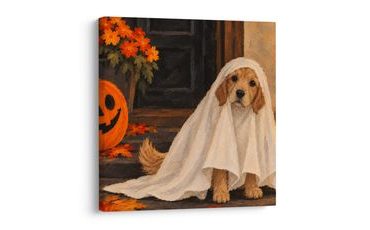 QUADRO SU TELA – CAGNOLINO DI HALLOWEEN SOTTO IL LENZUOLO - QUADRI HALLOWEEN E HORROR - STAMPE E QUADRI