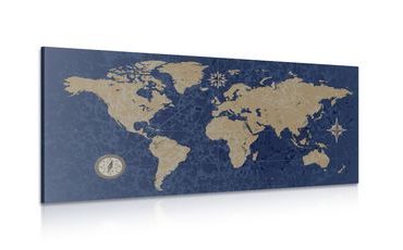 CANVAS PRINT WORLD MAP WITH A COMPASS IN RETRO STYLE ON A BLUE BACKGROUND - PICTURES OF MAPS - PICTURES