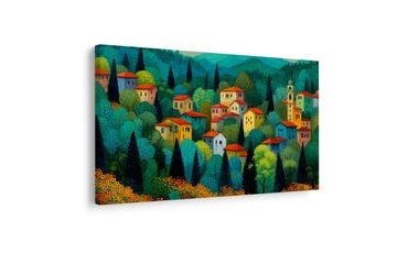 OBRAZ VESNICE V LETNÍM LESE - BAREVNÉ DOMY - OBRAZY