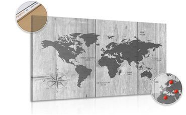 DECORATIVE PINBOARD GRAY MAP ON A WOODEN BACKGROUND - PICTURES ON CORK - PICTURES