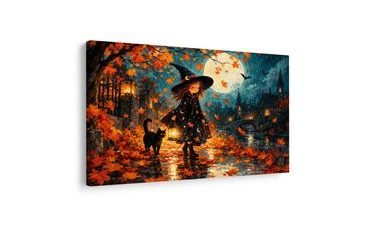 WANDBILD KLEINE HEXE IN DER HERBSTNACHT - HALLOWEEN- UND HORROR-BILDER - BILDER