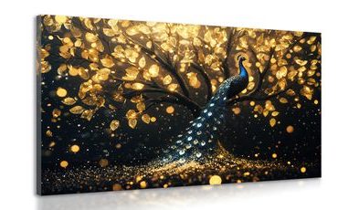 TABLEAU SUR TOILE – PAON SUR UN ARBRE DORÉ - TABLEAUX PAONS - TABLEAUX