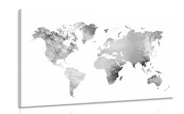 CANVAS PRINT WORLD MAP IN BLACK AND WHITE WATERCOLOR DESIGN - PICTURES OF MAPS - PICTURES