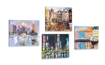 CANVAS PRINT SET CITIES WITH OIL PAINTING IMITATION - SET OF PICTURES - PICTURES