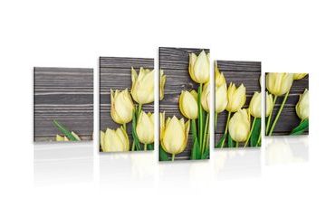 QUADRO IN 5 PARTI TULIPANI GIALLI AFFASCINANTI SU SFONDO DI LEGNO - QUADRI DI FIORI - QUADRI