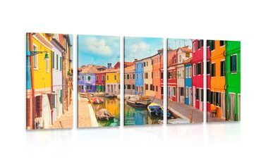 QUADRO IN 5 PARTI CASE PASTELLO IN CITTÀ - QUADRI CITTÀ - QUADRI