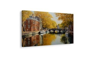 OBRAZ PODZIMNÍ KANÁL U MOSTU - BAREVNÉ DOMY - OBRAZY