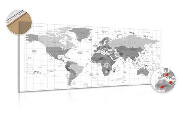DECORATIVE PINBOARD GRAY MAP ON A WHITE BACKGROUND - PICTURES ON CORK - PICTURES