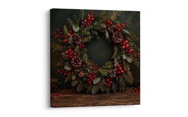 TABLEAU SUR TOILE – COURONNE D’HIVER AUX POMMES DE PIN ET BOUGIES - TABLEAUX DE NOËL ET D’HIVER - TABLEAUX
