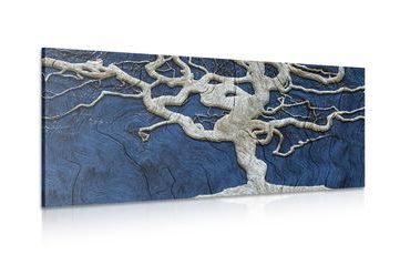WANDBILD ABSTRAKTER BAUM AUF HOLZ MIT BLAUEM KONTRAST - BILDER BÄUME UND LAUB - BILDER