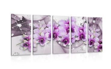 5-TEILIGES WANDBILD LILA BLUMEN AUF ABSTRAKTEM HINTERGRUND - BILDER BLUMEN - BILDER