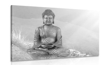 WANDBILD BUDDHA-STATUE IN MEDITIERENDER POSITION IN SCHWARZ-WEISS - SCHWARZ-WEISSE BILDER - BILDER