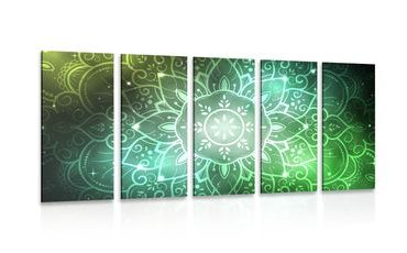 QUADRO IN 5 PARTI MANDALA CON SFONDO GALATTICO IN SFUMATURE DI VERDE - QUADRI FENG SHUI - QUADRI