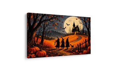 QUADRO SU TELA – STREGA SOTTO IL MANIERO AL CHIARO DI LUNA - QUADRI HALLOWEEN E HORROR - STAMPE E QUADRI
