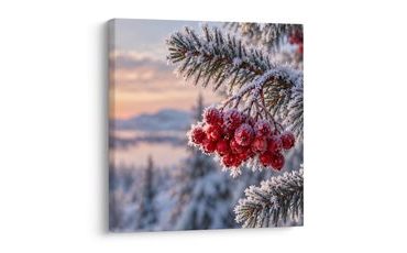 TABLEAU SUR TOILE – PAYSAGE MONTAGNARD GIVRÉ AUX SORBES - TABLEAUX DE NOËL ET D’HIVER - TABLEAUX