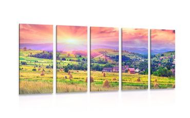 IMPRESSION SUR TOILE EN 5 PARTIES MEULES DE FOIN DANS LES MONTAGNES DES CARPATES - IMPRESSION SUR TOILE DE NATURE ET PAYSAGE - IMPRESSION SUR TOILE