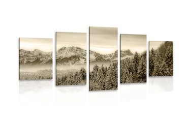 5-PIECE CANVAS PRINT FROZEN MOUNTAINS IN SEPIA - BLACK AND WHITE PICTURES - PICTURES