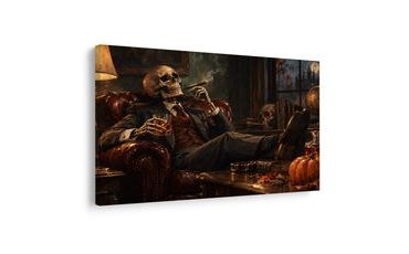 QUADRO SU TELA – SCHELETRO CON SIGARO E WHISKY - QUADRI HALLOWEEN E HORROR - STAMPE E QUADRI