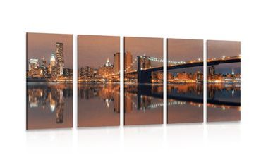 QUADRO IN 5 PARTI RIFLESSO DI MANHATTAN NELL'ACQUA - QUADRI CITTÀ - QUADRI