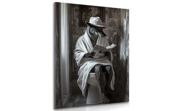 QUADRO SU TELA – LUPO CON GIORNALE IN BAGNO - QUADRI DI LUPI - STAMPE E QUADRI