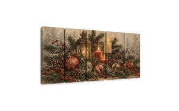 TABLEAU EN 5 PARTIES – BOUGIES ET DÉCORATIONS DE NOËL - TABLEAUX DE NOËL ET D’HIVER - TABLEAUX
