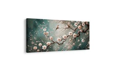 TABLEAU SUR TOILE – BRANCHE PRINTANIÈRE AVEC OISEAUX - TABLEAUX DE FLEURS - TABLEAUX