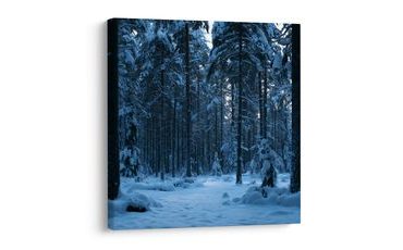 TABLEAU SUR TOILE – FORÊT ENNEIGÉE DANS LA PÉNOMBRE BLEUTÉE - TABLEAUX DE NOËL ET D’HIVER - TABLEAUX