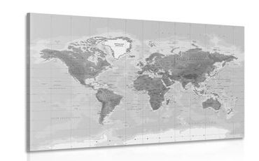 CANVAS PRINT BEAUTIFUL BLACK AND WHITE MAP OF THE WORLD - PICTURES OF MAPS - PICTURES