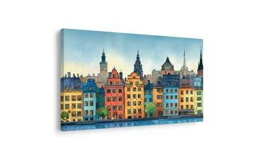 OBRAZ HISTORICKÉ MĚSTO U ŘEKY - BAREVNÉ DOMY - OBRAZY