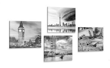 CANVAS PRINT SET MYSTERIOUS CITIES IN BLACK AND WHITE - SET OF PICTURES - PICTURES