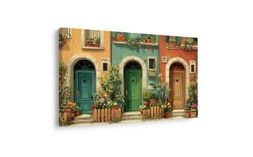 OBRAZ MALEBNÁ ULIČKA S KVĚTINAMI - BAREVNÉ DOMY - OBRAZY