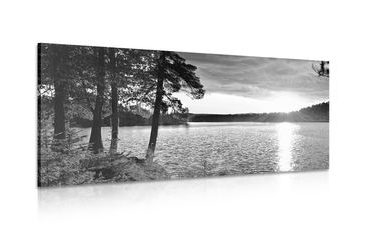 CANVAS PRINT SUNSET OVER THE LAKE IN BLACK AND WHITE - BLACK AND WHITE PICTURES - PICTURES