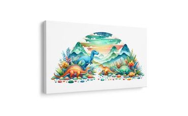 OBRAZ BAREVNÍ DINOSAUŘI V HORÁCH - DĚTSKÉ OBRAZY ZVÍŘÁTKA - OBRAZY