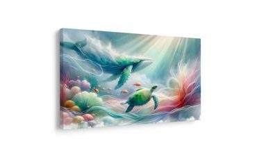 КАРТИНА НА ПЛАТНО – КИТ И МОРСКА КОСТЕНУРКА - ДЕТСКИ КАРТИНИ С ЖИВОТНИ - КАРТИНИ