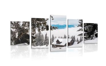 5-DIJELNA SLIKA DRVENA KUĆICA POKRAJ SNJEŽNIH BOROVA - SLIKE PRIRODE I KRAJOLIKA - SLIKE