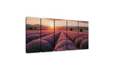 TABLEAU EN 5 PARTIES – CHAMP DE LAVANDE AU COUCHER DU SOLEIL - TABLEAUX DE CHAMPS ET PRAIRIES - TABLEAUX