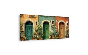 OBRAZ ROMANTICKÉ DVEŘE A KVĚTINY - BAREVNÉ DOMY - OBRAZY
