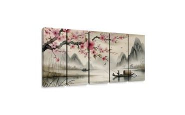 5-TEILIGES WANDBILD FISCHER UND KIRSCHBLÜTEN - BILDER SEEN - BILDER