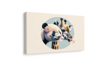 TABLEAU SUR TOILE – PANDA ET GIRAFE AVEC BULLE DE CHEWING-GUM - TABLEAUX D'ANIMAUX POUR ENFANTS - TABLEAUX