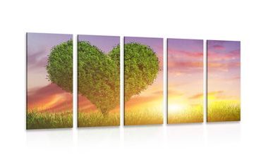 QUADRO IN 5 PARTI ALBERO A FORMA DI CUORE NEL CAMPO - QUADRI AMORE - QUADRI