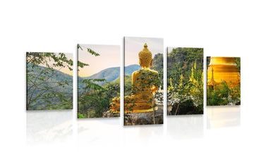 5-TEILIGES WANDBILD BLICK AUF DEN GOLDENEN BUDDHA - BILDER MIT FENG SHUI-MOTIVEN - BILDER