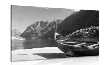 CANVAS PRINT WOODEN VIKING SHIP IN BLACK AND WHITE - BLACK AND WHITE PICTURES - PICTURES