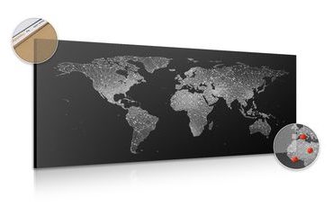 DECORATIVE PINBOARD NIGHT BLACK AND WHITE MAP OF THE WORLD - PICTURES ON CORK - PICTURES