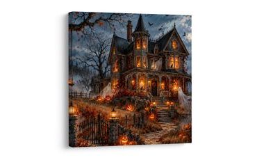 QUADRO SU TELA – CASA DI HALLOWEEN CON FANTASMI - QUADRI HALLOWEEN E HORROR - STAMPE E QUADRI