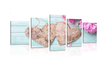 5-PIECE CANVAS PRINT PEONIES AND BIRCH HEARTS - STILL LIFE PICTURES - PICTURES