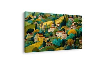 OBRAZ MALEBNÁ VESNICE UPROSTŘED PŘÍRODY - BAREVNÉ DOMY - OBRAZY