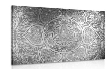 IMPRESSION SUR TOILE MANDALA INDIEN AVEC UN ARRIÈRE-PLAN GALACTIQUE EN NOIR ET BLANC - IMPRESSIONS SUR TOILE NOIR ET BLANC - IMPRESSION SUR TOILE