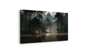 TABLEAU SUR TOILE – FORÊT BRUMEUSE AU BORD DU LAC - TABLEAUX FORÊT - TABLEAUX